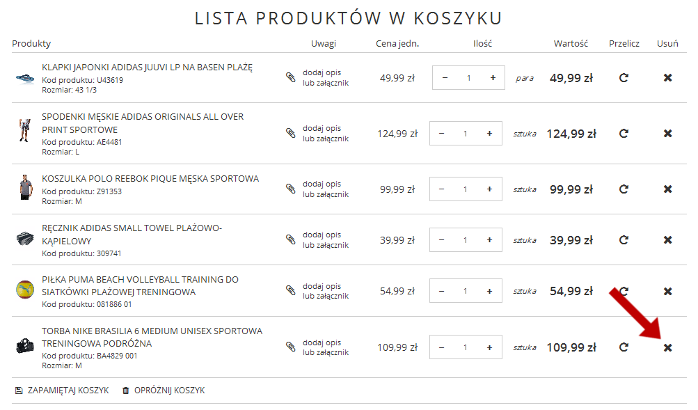 Widok koszyka i usuwanie produktów z koszyka